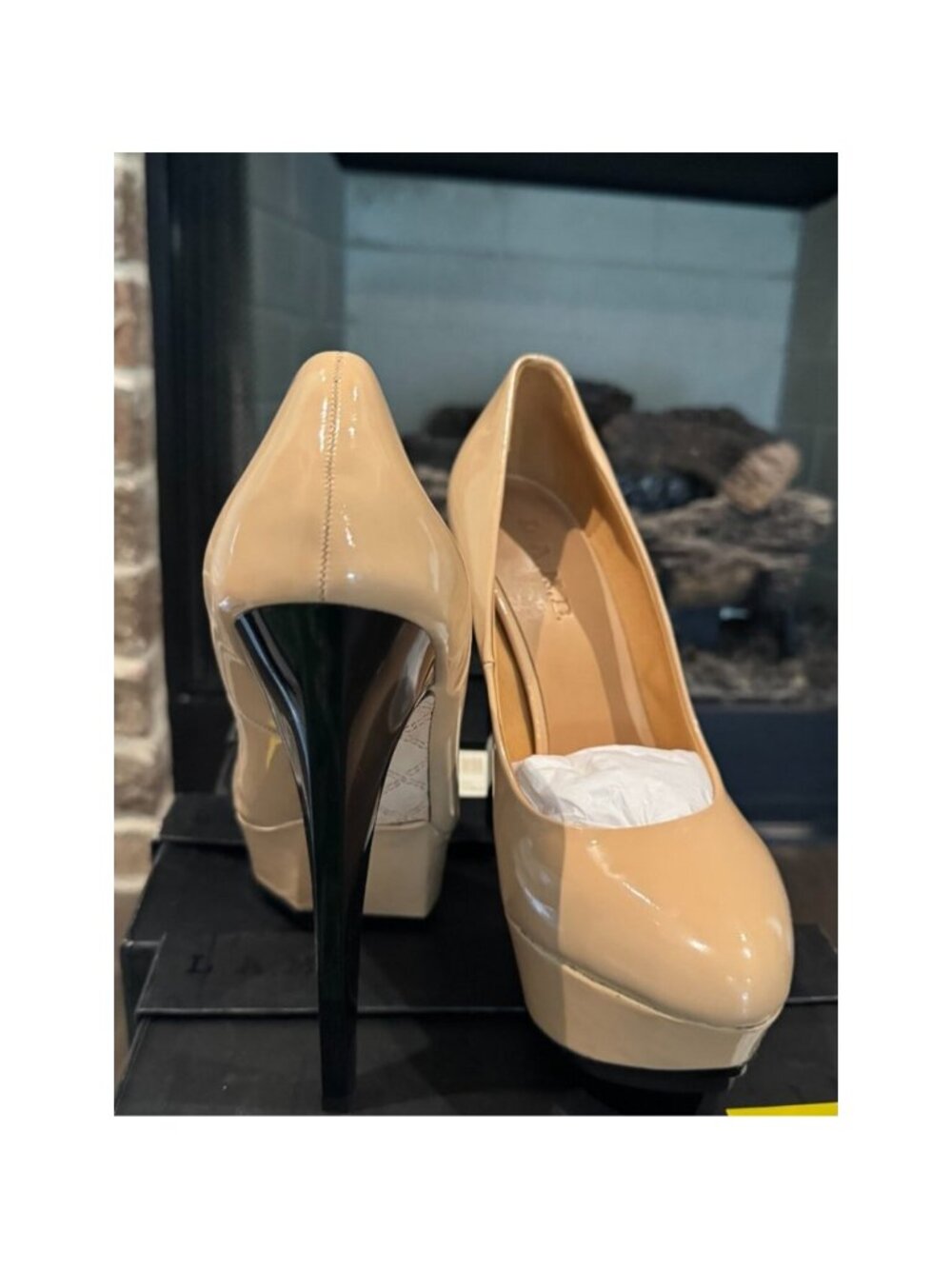 L.A.M.B Gwen Stefani Dolores Beige Patent Shoes Black High Heels Platform NEW